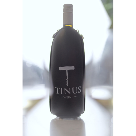 Weinmanschette / Weinkühler aus schwarzem Kunstleder mit Logo Tinus Weine